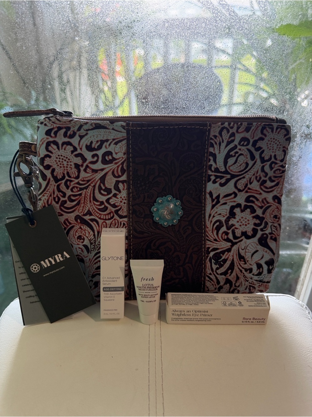 Myra Bag Brown and Turquoise Floral Embossed Cosmetic Wristlet